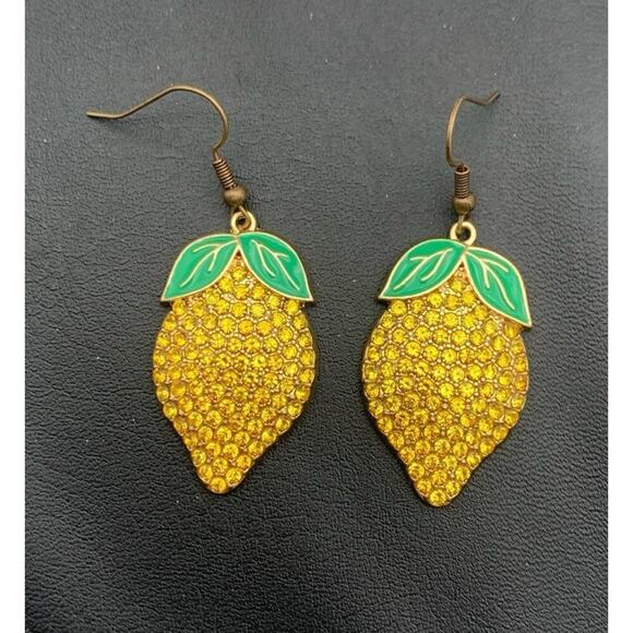 Yellow Rhinestone Lemon Shaped Dangle Earrings - Picture 1 of 4